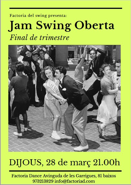 Jam Swing Oberta i Gratuïta! Despedim el trimestre de swing amb una Jam oberta per a tots! Dijous,…